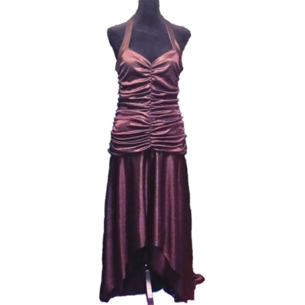 Morgan & Co. Satin High-Low Ruched Halter Dress in Wine
